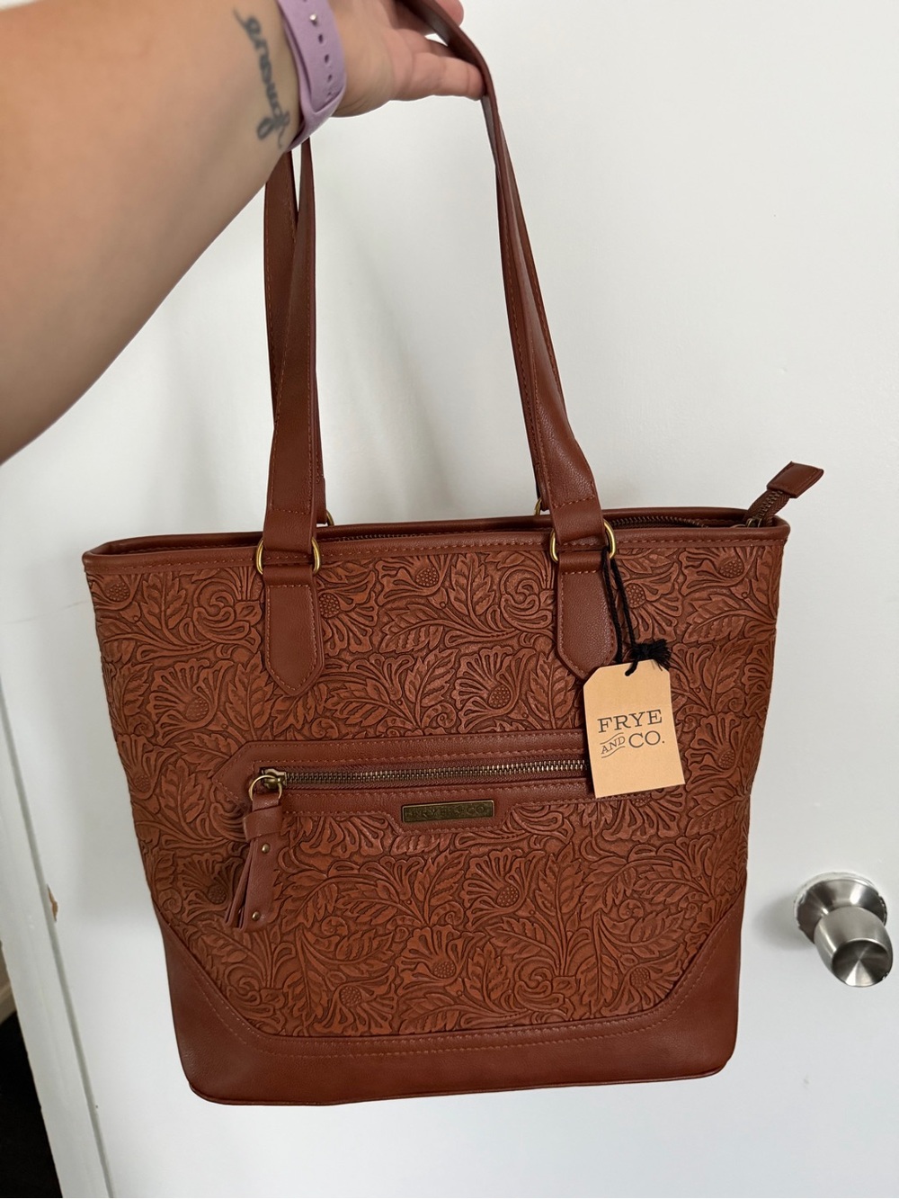 FRYE AND CO. Embossed Floral Chestnut Leather Tote
